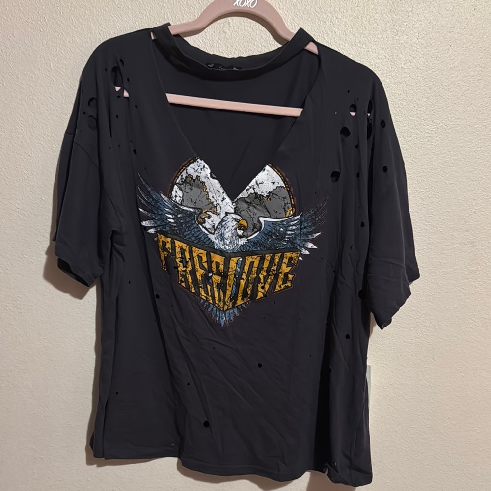 Koko Black Distressed Tee with Eagle Graphic